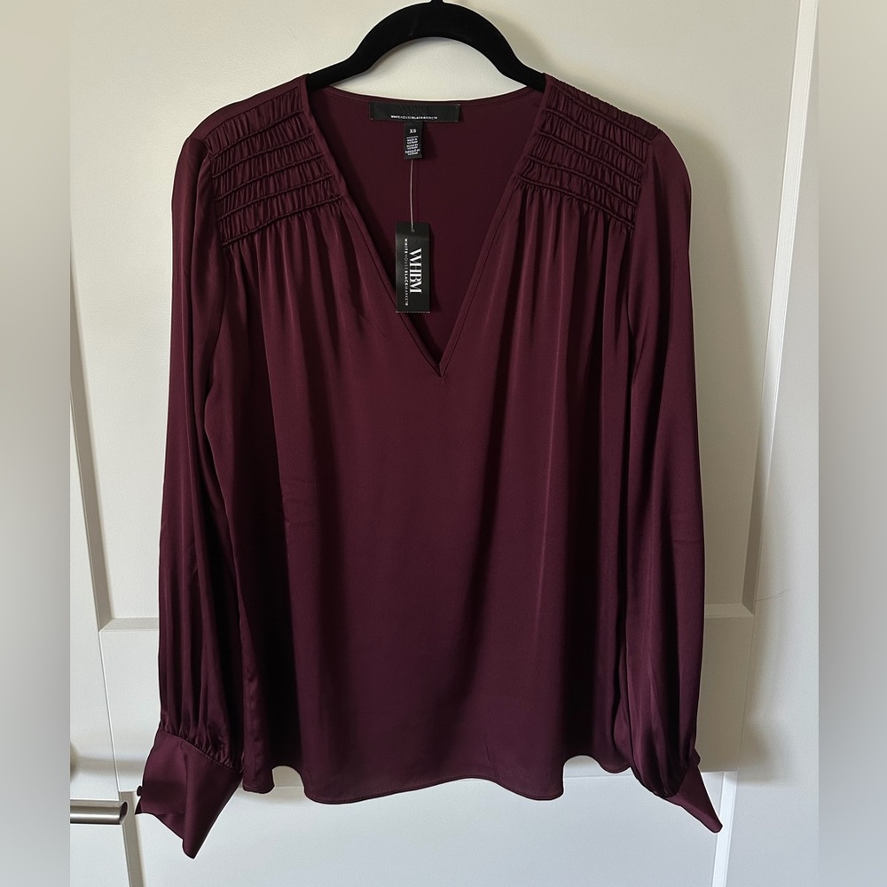 White House Black Market Burgundy Wine V-Neck Smocked Satin Poly Blouse NWT